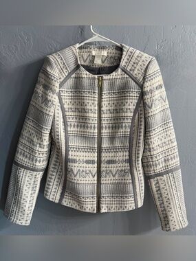 H&M Off White and Gray Patterned Zip Jacket